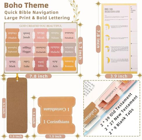 Bible Tabs for Women Men & Kids - 2 Sets, 75 Tabs per Set, 150 Total, Laminated Chapter Index Labels, Neutral Boho Theme, Large Print Stickers, Easy Navigation for Bible Study, 2 DIY Bookmarks in Kuwait