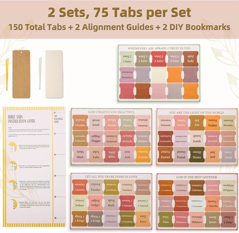Bible Tabs for Women Men & Kids - 2 Sets, 75 Tabs per Set, 150 Total, Laminated Chapter Index Labels, Neutral Boho Theme, Large Print Stickers, Easy Navigation for Bible Study, 2 DIY Bookmarks in Kuwait