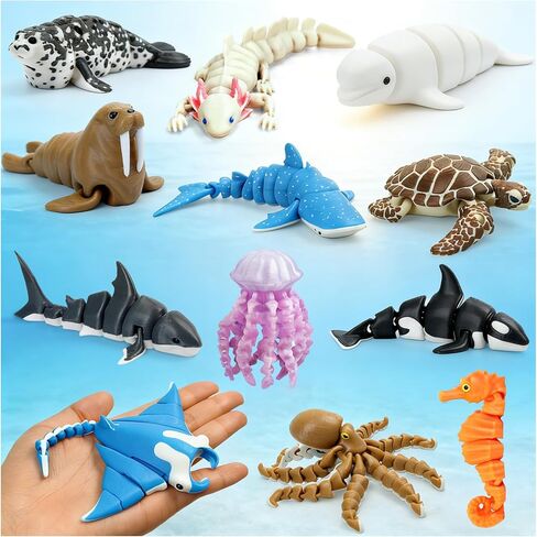 12 Pack 3D Printed Ocean Animal Toys, Articulated Movable Joint Sea Creature Figurines Set with Axolotl & Black Whale, Flexible Fidget Toys Desk Pets, Ocean Party Favors, Home Decor in Kuwait