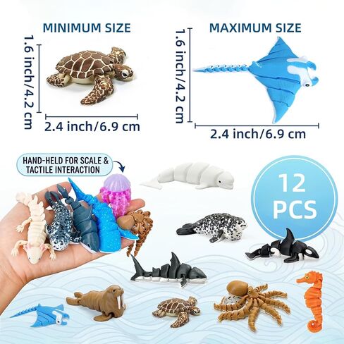 12 Pack 3D Printed Ocean Animal Toys, Articulated Movable Joint Sea Creature Figurines Set with Axolotl & Black Whale, Flexible Fidget Toys Desk Pets, Ocean Party Favors, Home Decor in Kuwait