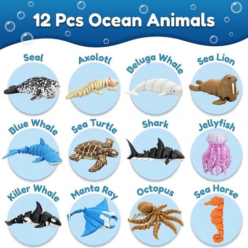 12 Pack 3D Printed Ocean Animal Toys, Articulated Movable Joint Sea Creature Figurines Set with Axolotl & Black Whale, Flexible Fidget Toys Desk Pets, Ocean Party Favors, Home Decor in Kuwait