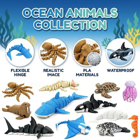 12 Pack 3D Printed Ocean Animal Toys, Articulated Movable Joint Sea Creature Figurines Set with Axolotl & Black Whale, Flexible Fidget Toys Desk Pets, Ocean Party Favors, Home Decor in Kuwait