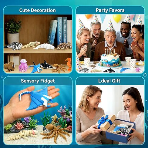 12 Pack 3D Printed Ocean Animal Toys, Articulated Movable Joint Sea Creature Figurines Set with Axolotl & Black Whale, Flexible Fidget Toys Desk Pets, Ocean Party Favors, Home Decor in Kuwait