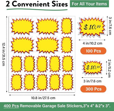 400 Pcs Removable Garage Sale Stickers,3"x 4" &2" x 3 Adhesive Yard Sale Price Stickers for Garage/Yard Sales Supplies, Flea Markets, Retail, Small Business in Kuwait