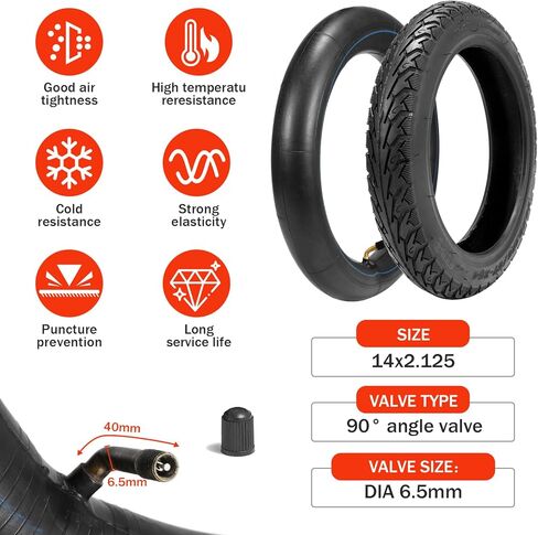 مجموعة إطارات وأنبوب 14 × 2.125، مجموعة إطارات وأنبوب دراجة إلكترونية 57-254 مع ساق صمام بزاوية CR202 لاستبدال الدراجات البخارية الكهربائية وإطارات دراجة الأطفال مجموعتان in Kuwait
