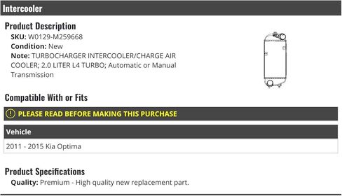Turbo Intercooler Air Cooler - Compatible with 2011-2015 Kia Optima 2.0L Turbocharged in Kuwait