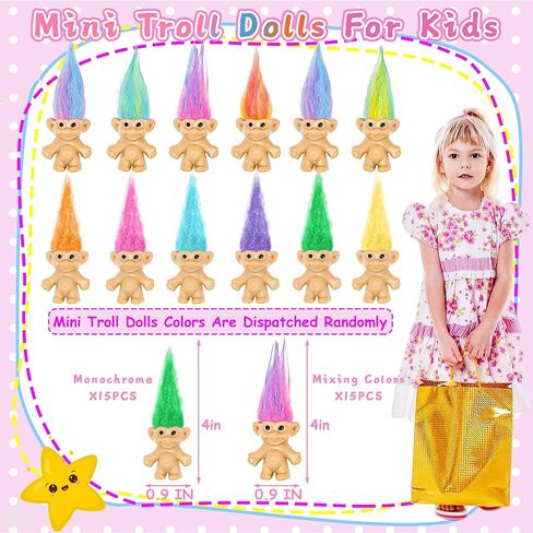 30 Pcs Long-Haired Lucky Mini Troll Dolls - 4" Vintage Style Action Figures (0.8" Body) with Colorful Hair. Small Toys for Kids Goodie Bag Fillers, Classroom Prizes, Pinata Stuffers & Cake Toppers in Kuwait