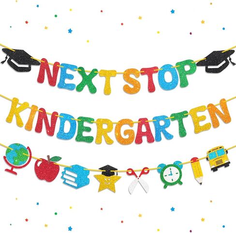 Preschool Graduation Decorations, Pre-Strung Next Stop Kindergarten Banner, Glitter Preschool Graduation Banner for Pre K Graduation Decorations & 1st Day of Kindergarten Decor (3Pcs) in Kuwait