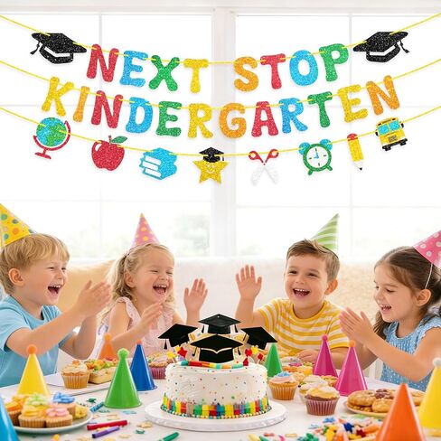 Preschool Graduation Decorations, Pre-Strung Next Stop Kindergarten Banner, Glitter Preschool Graduation Banner for Pre K Graduation Decorations & 1st Day of Kindergarten Decor (3Pcs) in Kuwait