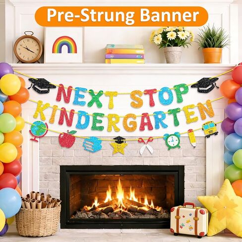 Preschool Graduation Decorations, Pre-Strung Next Stop Kindergarten Banner, Glitter Preschool Graduation Banner for Pre K Graduation Decorations & 1st Day of Kindergarten Decor (3Pcs) in Kuwait