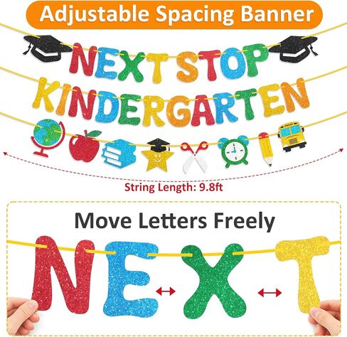 Preschool Graduation Decorations, Pre-Strung Next Stop Kindergarten Banner, Glitter Preschool Graduation Banner for Pre K Graduation Decorations & 1st Day of Kindergarten Decor (3Pcs) in Kuwait