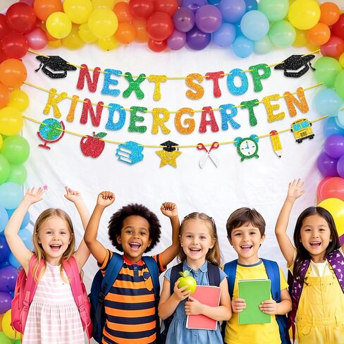 Preschool Graduation Decorations, Pre-Strung Next Stop Kindergarten Banner, Glitter Preschool Graduation Banner for Pre K Graduation Decorations & 1st Day of Kindergarten Decor (3Pcs) in Kuwait