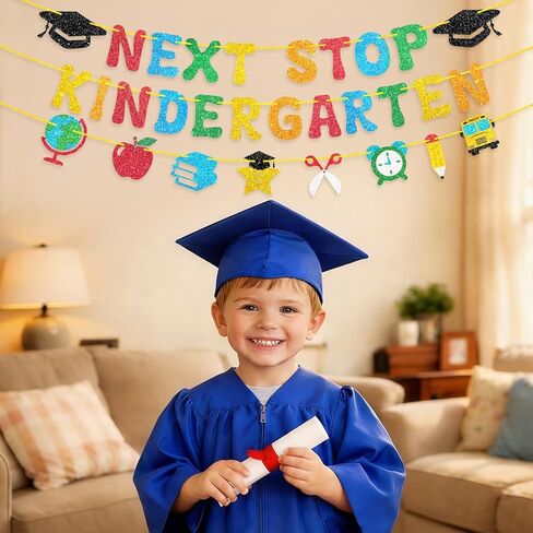 Preschool Graduation Decorations, Pre-Strung Next Stop Kindergarten Banner, Glitter Preschool Graduation Banner for Pre K Graduation Decorations & 1st Day of Kindergarten Decor (3Pcs) in Kuwait