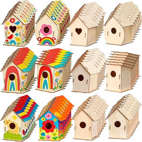 Amyhill 48 Pack Wooden Bird Houses to Paint DIY Crafts Unfinished Birdhouse Bulk Build Art Painting Bird House Sets Hanging Ornaments for Tree Crafts Project Creative Activity Party Gifts in Kuwait