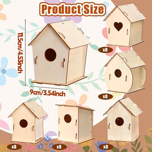 Amyhill 48 Pack Wooden Bird Houses to Paint DIY Crafts Unfinished Birdhouse Bulk Build Art Painting Bird House Sets Hanging Ornaments for Tree Crafts Project Creative Activity Party Gifts in Kuwait