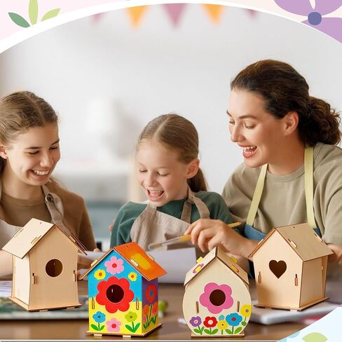 Amyhill 48 Pack Wooden Bird Houses to Paint DIY Crafts Unfinished Birdhouse Bulk Build Art Painting Bird House Sets Hanging Ornaments for Tree Crafts Project Creative Activity Party Gifts in Kuwait
