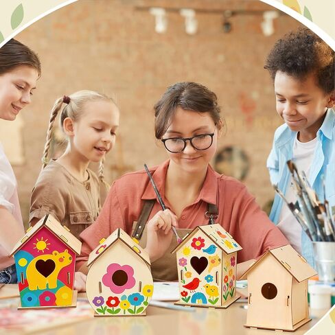 Amyhill 48 Pack Wooden Bird Houses to Paint DIY Crafts Unfinished Birdhouse Bulk Build Art Painting Bird House Sets Hanging Ornaments for Tree Crafts Project Creative Activity Party Gifts in Kuwait