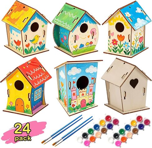 BlockPro 24 Pack Bird House Kits for Kids with Paint & Brushes, DIY Wooden Birdhouse Painting Set, Spring Summer Arts Projects, Educational Craft Gift for Birthday, Party, Parent-Child Activities in Kuwait