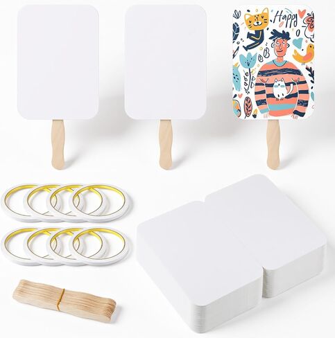 100 Sets Church Fans Handheld Set DIY Blank Fans to Decorate with 100 Wavy Wooden Sticks & Tape Paper Paddle Fan for DIY Crafting Painting Custom Fan in Saudi Arabia