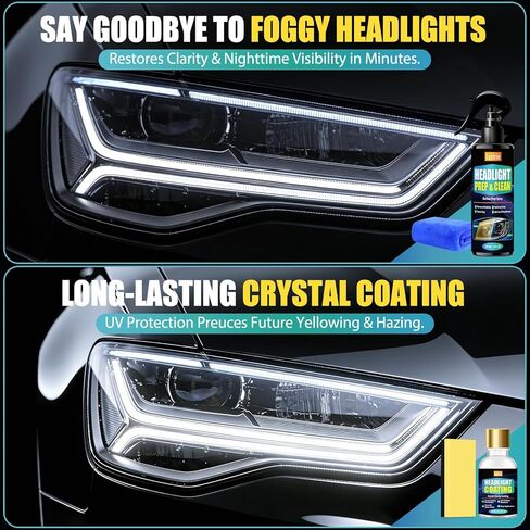 Headlight Restoration Kit with Ceramic Coating: 2-Step Solution for Foggy & Yellow Headlights – Restores Crystal Clarity & Prevents UV Yellowing – Long Lasting Protection for Cars, Trucks & SUVs-4oz in Kuwait