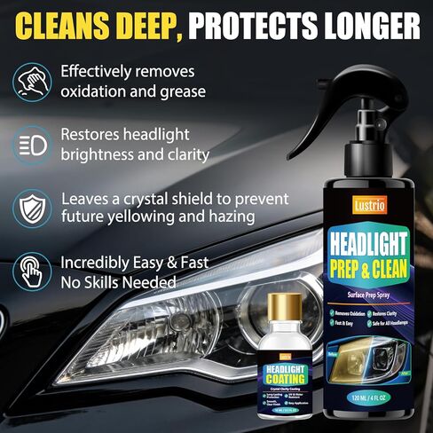 Headlight Restoration Kit with Ceramic Coating: 2-Step Solution for Foggy & Yellow Headlights – Restores Crystal Clarity & Prevents UV Yellowing – Long Lasting Protection for Cars, Trucks & SUVs-4oz in Kuwait