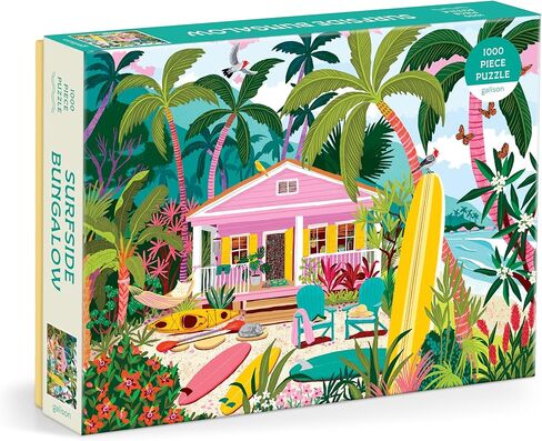 Galison Surfside Bungalow – 1000 Piece Jigsaw Puzzle Featuring Beautiful Artwork of A Beach Bungalow with Surfboards and Ocean Views in Kuwait