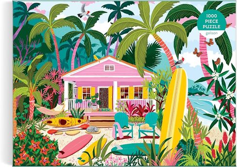 Galison Surfside Bungalow – 1000 Piece Jigsaw Puzzle Featuring Beautiful Artwork of A Beach Bungalow with Surfboards and Ocean Views in Kuwait