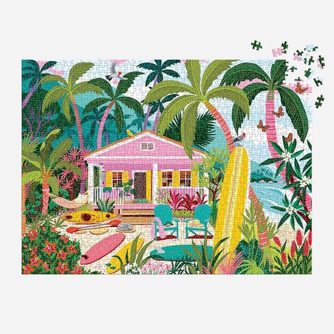 Galison Surfside Bungalow – 1000 Piece Jigsaw Puzzle Featuring Beautiful Artwork of A Beach Bungalow with Surfboards and Ocean Views in Kuwait