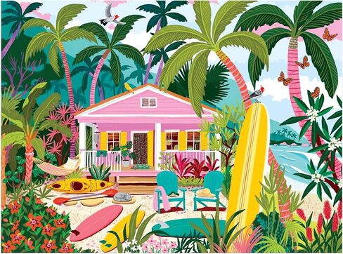 Galison Surfside Bungalow – 1000 Piece Jigsaw Puzzle Featuring Beautiful Artwork of A Beach Bungalow with Surfboards and Ocean Views in Kuwait