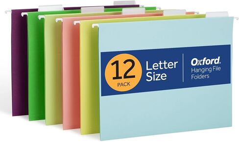Oxford Hanging File Folders, 12 Pack, Letter Size (8.5" x 11"), 6 Assorted Colors, 5 Tab Positions, Includes Tabs and Inserts, Hanging Files for Office and Document Organization in Kuwait