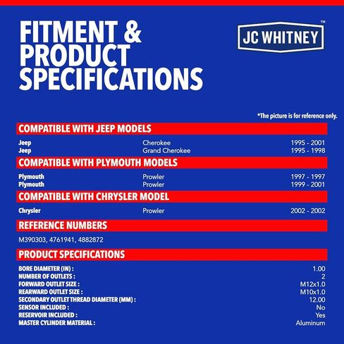 JC Whitney JFBAJCWBMC00062 Brake Master Cylinder - Compatible with Jeep Grand Cherokee 1995-1998, Cherokee 1995-2001, Chrysler Prowler 2002, Plymouth Prowler 1997&1999-2001 - Bore: 1 inches in Kuwait