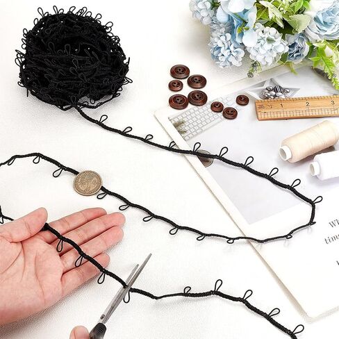 AHANDMAKER 15 Yards Braid Trim with Elastic Button Loops Black Button Loop Tape Sewing Dress Zipper Extender Buttonhole Lace Trim for Wedding Bridal Dress Costume Collars DIY Crafts in Kuwait