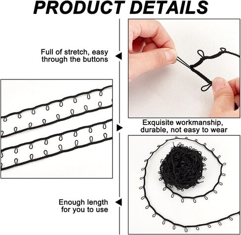 AHANDMAKER 15 Yards Braid Trim with Elastic Button Loops Black Button Loop Tape Sewing Dress Zipper Extender Buttonhole Lace Trim for Wedding Bridal Dress Costume Collars DIY Crafts in Kuwait