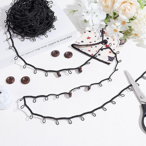 AHANDMAKER 15 Yards Braid Trim with Elastic Button Loops Black Button Loop Tape Sewing Dress Zipper Extender Buttonhole Lace Trim for Wedding Bridal Dress Costume Collars DIY Crafts in Kuwait