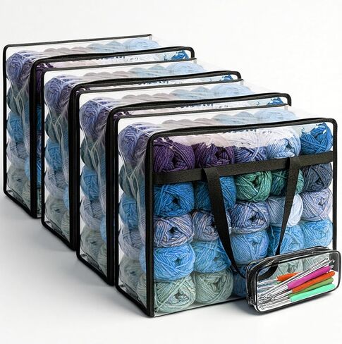 KongTiva 4 Pack Large Yarn Storage Bags Set with Crochet Bag, 18" x 15" x 9" Clear Yarn Storage Organizer with Zippers and Handles, Crochet Bag Knitting Bag for Knitting Needles Crochet Hooks in Kuwait