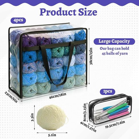 KongTiva 4 Pack Large Yarn Storage Bags Set with Crochet Bag, 18" x 15" x 9" Clear Yarn Storage Organizer with Zippers and Handles, Crochet Bag Knitting Bag for Knitting Needles Crochet Hooks in Kuwait