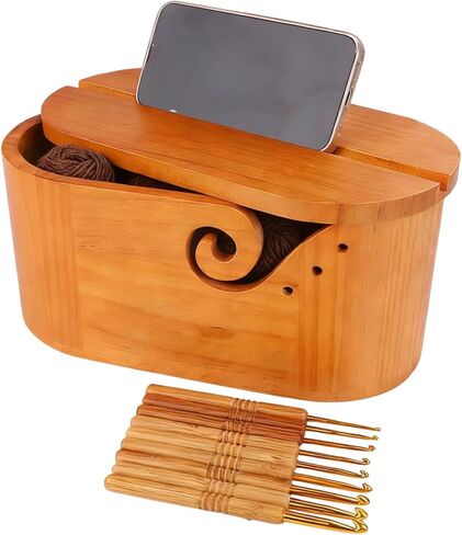 Oval Yarn Bowl Crochet Set with Lid, Large Wooden Yarn Storage with 9pcs Knitting Hooks, 11.3x6.1x5.2 inch Double Crochet Curling Slot Acacia Yarn Bowls, Preventing tangles in Kuwait