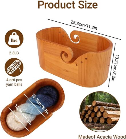 Oval Yarn Bowl Crochet Set with Lid, Large Wooden Yarn Storage with 9pcs Knitting Hooks, 11.3x6.1x5.2 inch Double Crochet Curling Slot Acacia Yarn Bowls, Preventing tangles in Kuwait