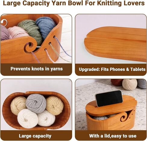 Oval Yarn Bowl Crochet Set with Lid, Large Wooden Yarn Storage with 9pcs Knitting Hooks, 11.3x6.1x5.2 inch Double Crochet Curling Slot Acacia Yarn Bowls, Preventing tangles in Kuwait
