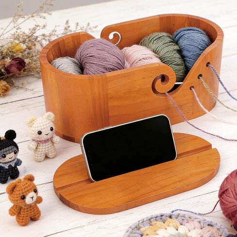 Oval Yarn Bowl Crochet Set with Lid, Large Wooden Yarn Storage with 9pcs Knitting Hooks, 11.3x6.1x5.2 inch Double Crochet Curling Slot Acacia Yarn Bowls, Preventing tangles in Kuwait