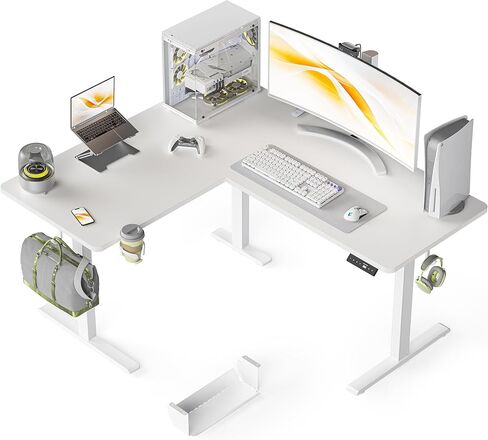WALKINGDESK 55X45 Inches Reversible L Shaped Standing Desk Height Adjustable with Cup Holder, Electric Corner Computer Desk, Sit Stand up Home Office Desk, Ergonomic Gaming Desk, White in Kuwait