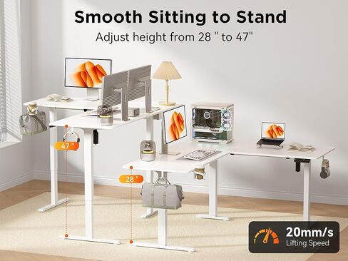 WALKINGDESK 55X45 Inches Reversible L Shaped Standing Desk Height Adjustable with Cup Holder, Electric Corner Computer Desk, Sit Stand up Home Office Desk, Ergonomic Gaming Desk, White in Kuwait