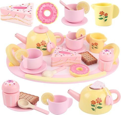 Tea Party Set Wooden Tea Sets for Toddlers 3-5 Play Food Pretend Play Toys Kids Tea Set for Girls 6-8 Birthday Gift Wooden Tea Party Set for Little Girls 3 4 5 6 Years Old Outdoor Tea Time Game in Kuwait