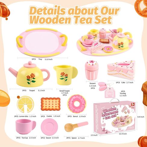 Tea Party Set Wooden Tea Sets for Toddlers 3-5 Play Food Pretend Play Toys Kids Tea Set for Girls 6-8 Birthday Gift Wooden Tea Party Set for Little Girls 3 4 5 6 Years Old Outdoor Tea Time Game in Kuwait