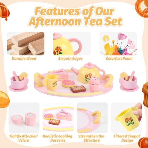 Tea Party Set Wooden Tea Sets for Toddlers 3-5 Play Food Pretend Play Toys Kids Tea Set for Girls 6-8 Birthday Gift Wooden Tea Party Set for Little Girls 3 4 5 6 Years Old Outdoor Tea Time Game in Kuwait