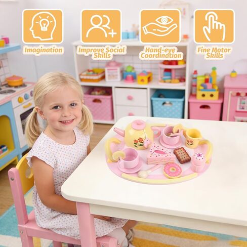 Tea Party Set Wooden Tea Sets for Toddlers 3-5 Play Food Pretend Play Toys Kids Tea Set for Girls 6-8 Birthday Gift Wooden Tea Party Set for Little Girls 3 4 5 6 Years Old Outdoor Tea Time Game in Kuwait