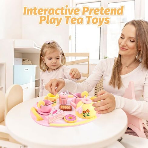 Tea Party Set Wooden Tea Sets for Toddlers 3-5 Play Food Pretend Play Toys Kids Tea Set for Girls 6-8 Birthday Gift Wooden Tea Party Set for Little Girls 3 4 5 6 Years Old Outdoor Tea Time Game in Kuwait