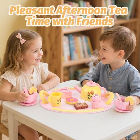 Tea Party Set Wooden Tea Sets for Toddlers 3-5 Play Food Pretend Play Toys Kids Tea Set for Girls 6-8 Birthday Gift Wooden Tea Party Set for Little Girls 3 4 5 6 Years Old Outdoor Tea Time Game in Kuwait