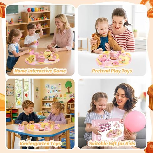 Tea Party Set Wooden Tea Sets for Toddlers 3-5 Play Food Pretend Play Toys Kids Tea Set for Girls 6-8 Birthday Gift Wooden Tea Party Set for Little Girls 3 4 5 6 Years Old Outdoor Tea Time Game in Kuwait
