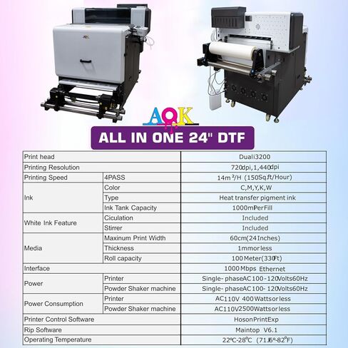AOK DTF All in one +Including Automatic Powder Shaking Machine Dual i3200 Print Heads A1 Size(24 Inches) DTF Printer Include Stand Ink/Film/Powder/Rip Software Bundle US Technician Support in Kuwait